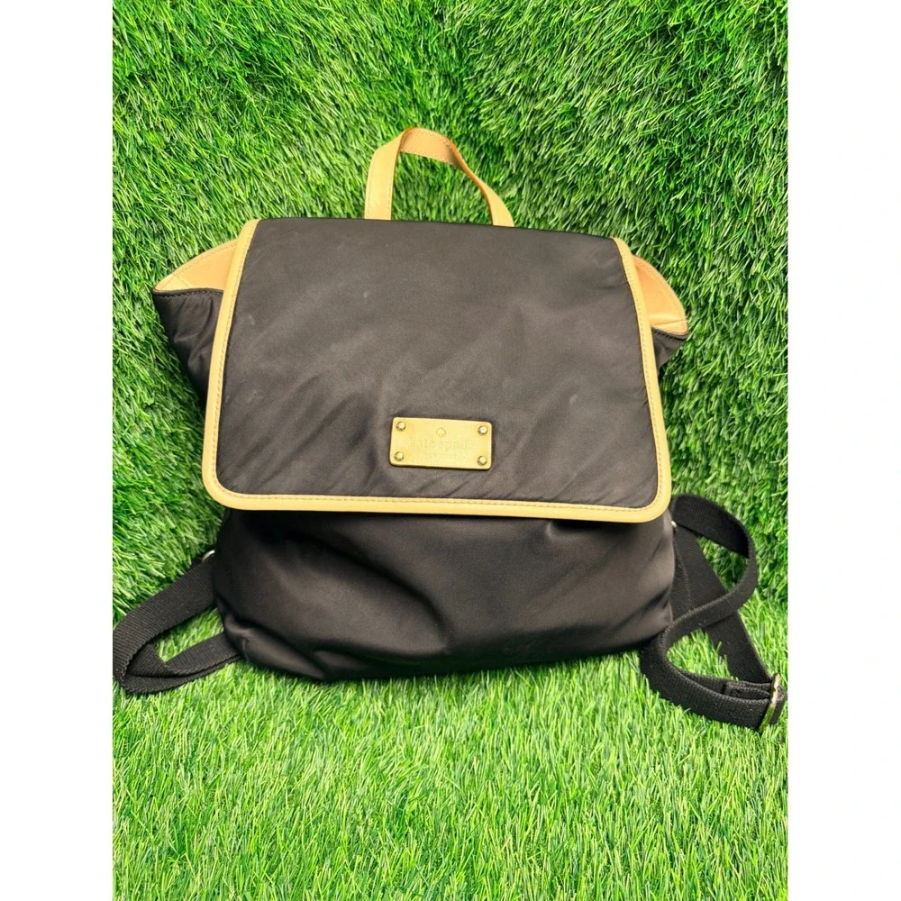 Kate Spade New York Black Nylon Leather Trim Flap Backpack Hot Pink Lining